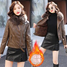 时尚保暖加绒加厚皮衣外套女 真毛领短款修身显瘦夹克图片