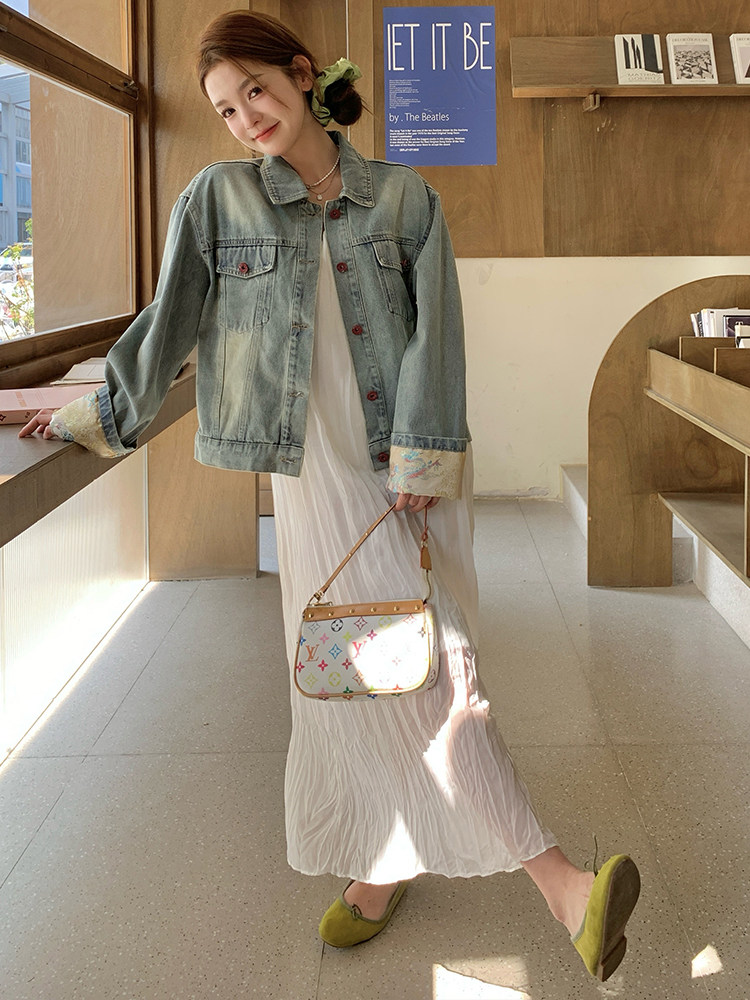 新中式刺绣牛仔外套吊带裙套装女2024春秋新款设计感连衣裙两件套,女装套装/套裙,浙宝305
