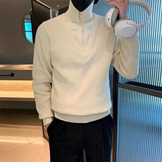 秋冬半拉链高领V领高级感假两件毛衣男休闲拼接纯色针织衫M3462，男装针织衫/毛衣，星座1116A-2（原606A-1）