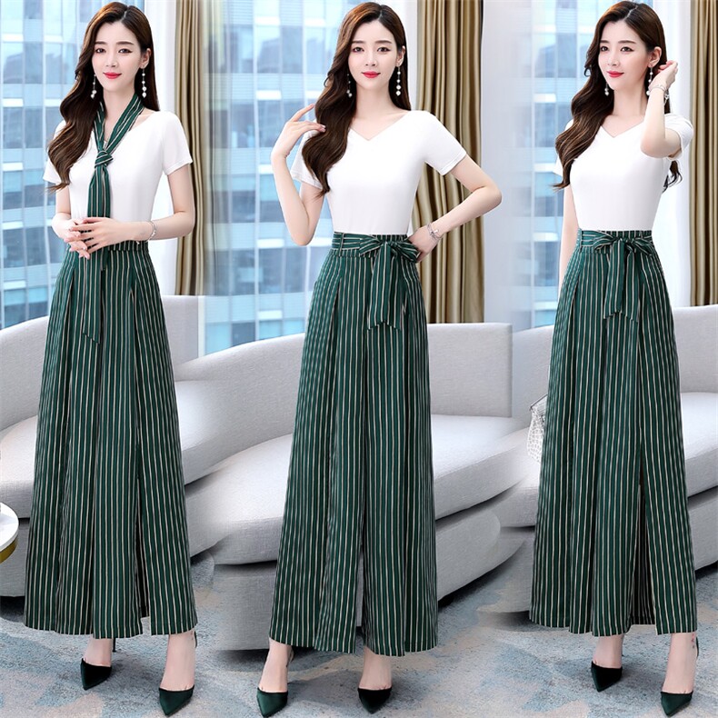 时尚减龄阔腿裤套装女2024新款韩版夏装短袖v领两件套潮送腰带，女装职业装，丽美静依