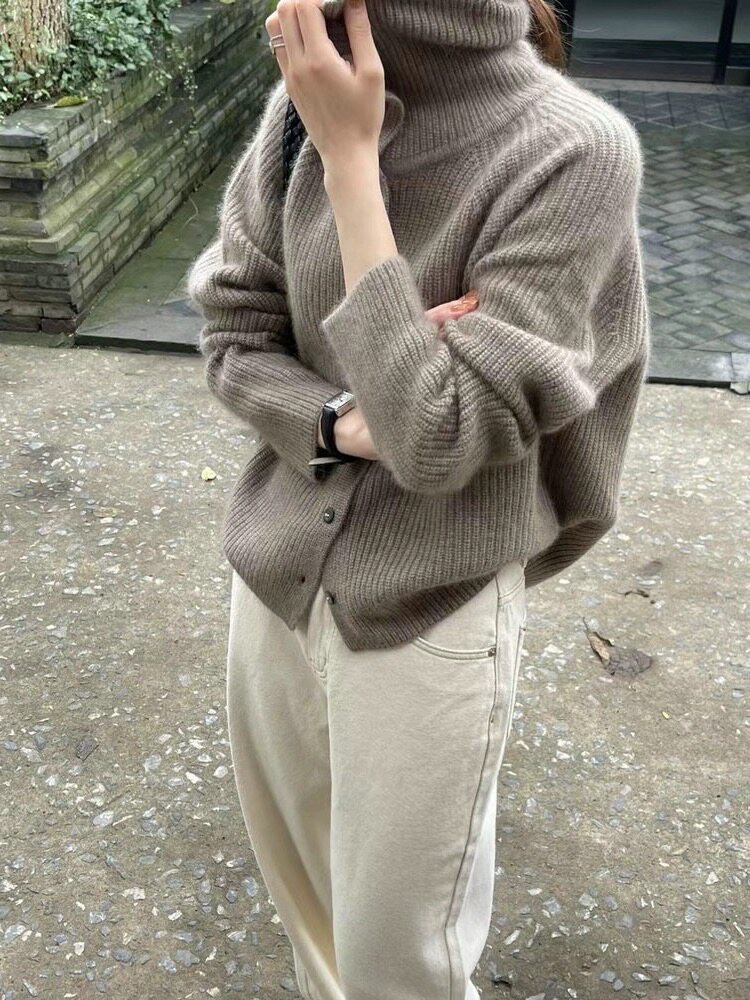慵懒风高领单排扣针织开衫女秋冬新款百搭毛衣,女装羊毛衫,恩泰羊绒