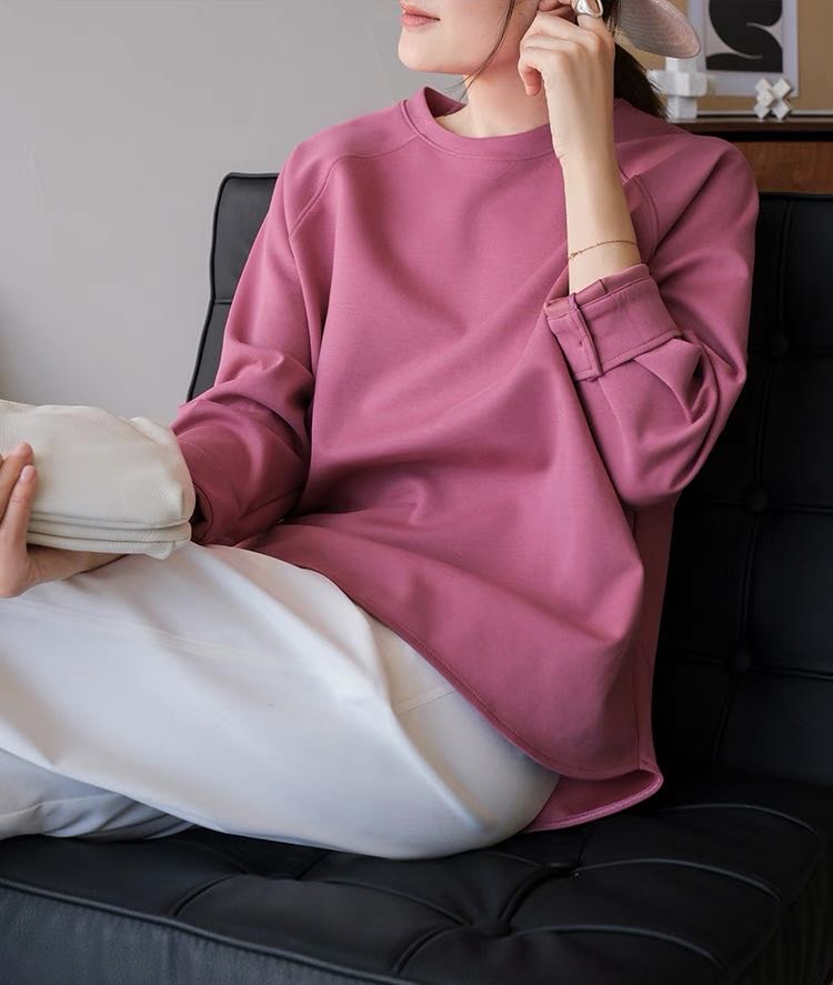 显白树莓红薄款空气感T恤极简宽松纯色长袖,女装T恤,湘姗