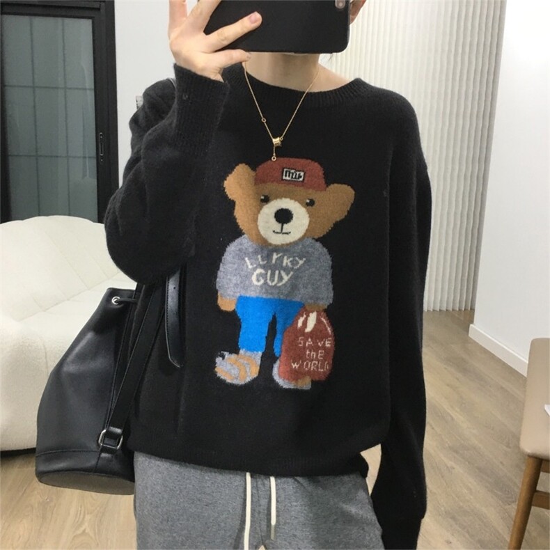 时尚可爱小熊提花宽松毛衣女秋冬新款韩版百搭针织衫,针织衫/毛衣,鑫之绒