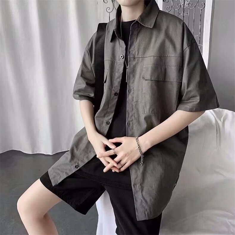 男短袖工装衬衫夏季日系潮牌半袖外套纯棉大口袋休闲宽松半袖衬衣,男装衬衫,星座410-7