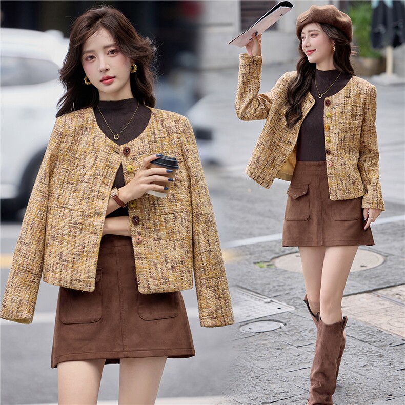 2025年秋冬新款小香风短外套上衣粗花呢秋季优雅短款外套，女装短外套，慕依路