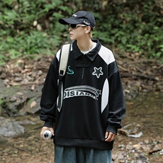 秋款男POLO领卫衣织带五角星字母印花拼色夹克外套WY24P40，男装卫衣，星座1013-1