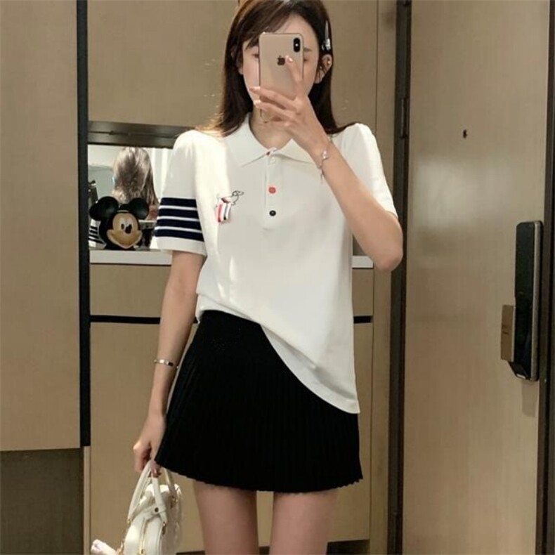 学院风胸前织带小狗刺绣针织POLO衫冰丝短袖T恤上衣女2025夏季款,女装T恤,宛庄羊绒