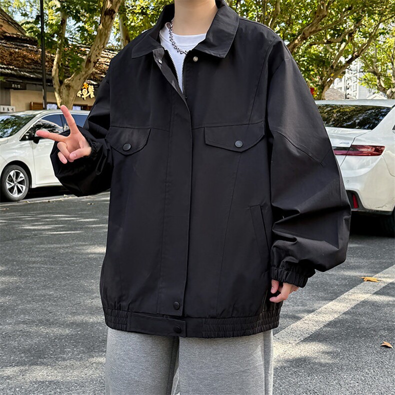 复古工装衬衫男秋季慵懒风宽松大码翻领衬衣cleanfit纯色简约外套,男装夹克,电商A141