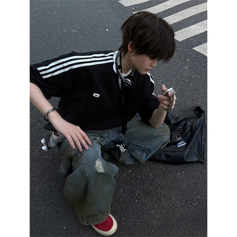 抖音得物供货240克宽松纯棉美式潮牌印花三杠半织带短袖T恤AT1606图片