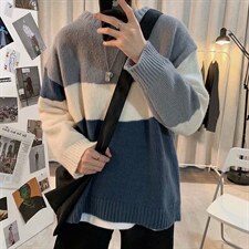 港风潮流拼色宽松圆领毛衣男韩版慵懒风百搭针织衫ins潮MY622-P30图片