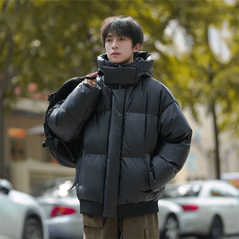 现货5W件冬季三防重磅boxy短款羽绒连帽PU皮棉衣外套防风加厚棉服，男装棉衣，电商A486-1