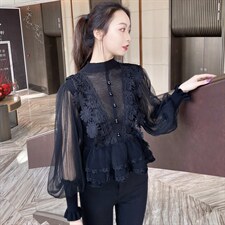 2021春装新款时尚休闲宽松舒适针织衫，女装蕾丝衫/雪纺衫，深水步