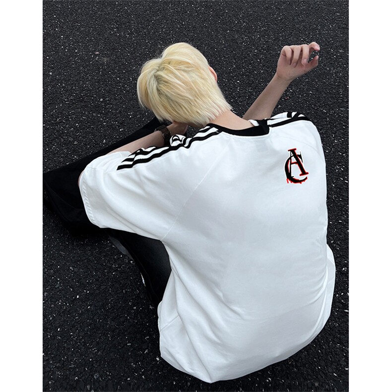 可48小时发货支持抖音得物来样二开重磅美式高街纯棉织带短袖T恤，男装T恤，电商A486