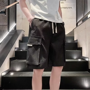 白色条纹工装短裤男夏季流大口袋休闲宽松5五分裤新款2023D06
