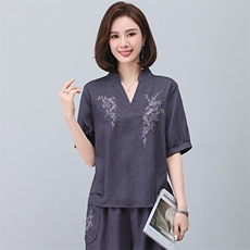 亚麻衬衫女短袖2023年新款夏季刺绣衬衣v领小衫妈妈气质苎麻上衣，女装T恤，忆绮罗