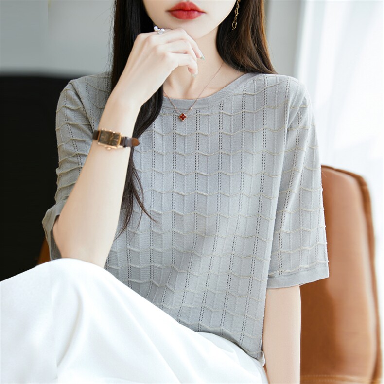 短袖t恤女夏季纯棉正肩宽松显瘦圆领休闲百搭女士半袖T恤上衣,女装T恤,昭美羊绒