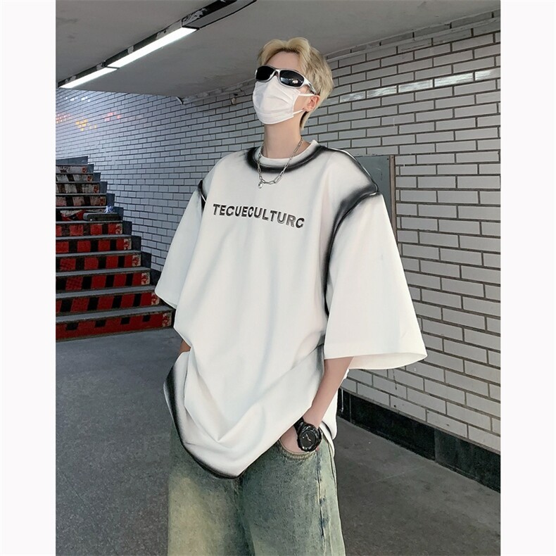 wassuphappy美式垫肩短袖t恤男夏季薄款潮流高街情侣休闲五分袖,男装T恤,电商B288
