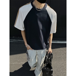抖音得物二开品质240克宽松纯棉美式高街撞色织带短袖T恤YQ44图片