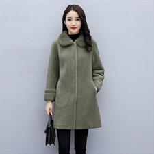 颗粒绒水貂毛领100%羊毛中长款直筒简约时尚皮毛一体外套，女装毛呢外套，媚琳依坊