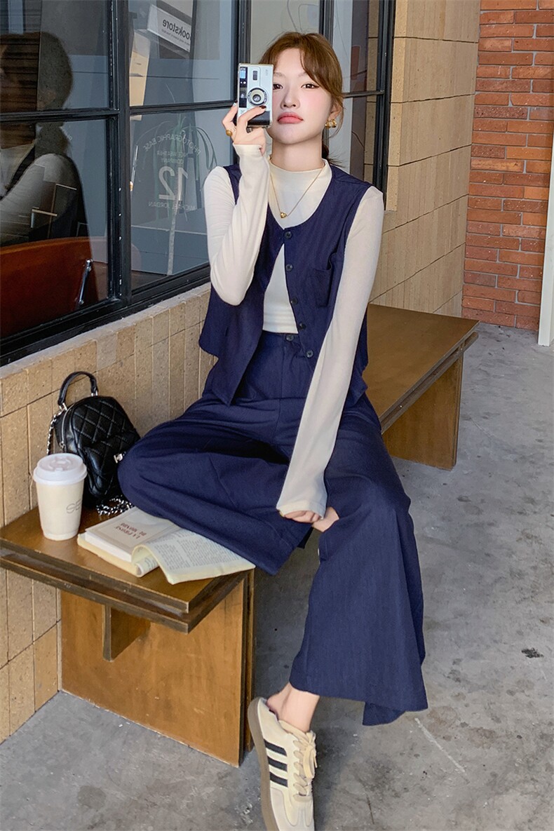 高级感牛仔马甲套装女春秋2025新款盐系轻熟风休闲阔腿长裤三件套,女装套装/套裙,千千佰惠