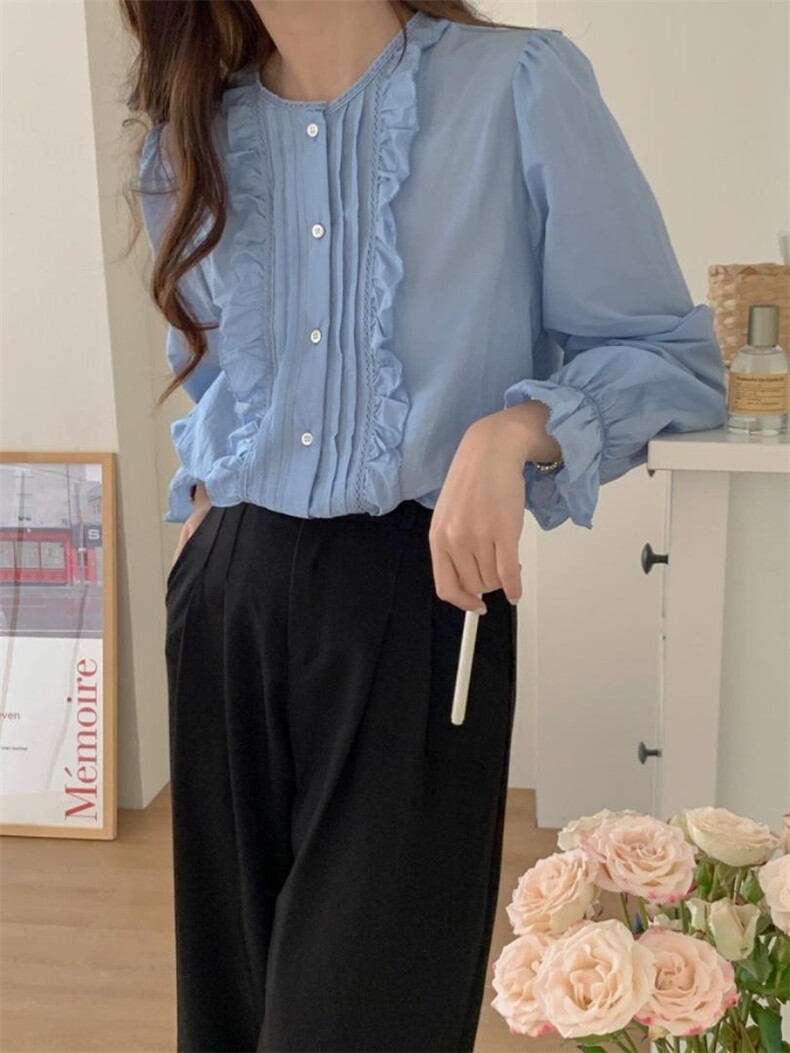 【小衫】圆领花边褶皱韩系小衫，其它，DAP