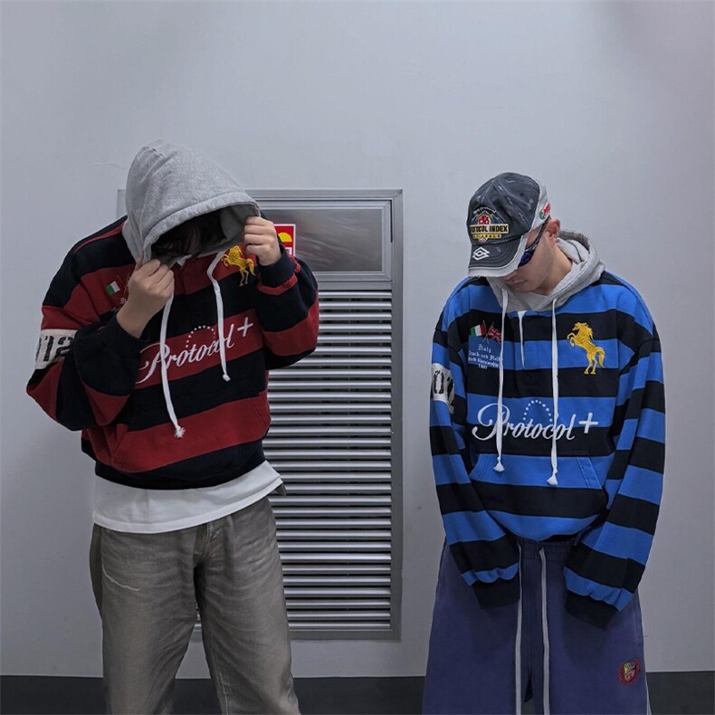 美式复古连帽条纹拼色个性街头卫衣LY120-P68，男装卫衣，星座610A-1