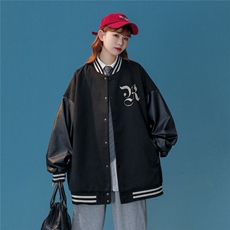 中性风22秋冬潮流港风字母印花PU皮棒球服夹克外套G644P85控108，男装夹克，A247A