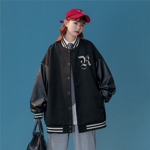 中性风22秋冬潮流港风字母印花PU皮棒球服夹克外套G644P85控108图片