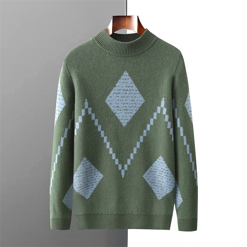 时尚潮流男士羊毛衫秋季新款菱形提花高领毛衣修身显瘦百搭针织衫，男装羊毛衫，江杉羊绒