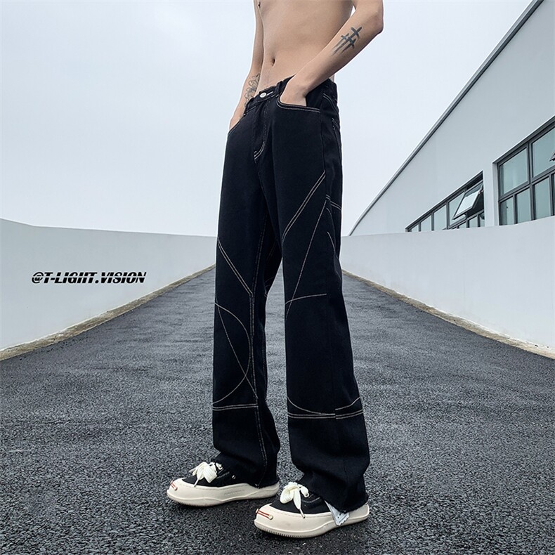 B221美式ins高街小众百搭毛边直筒牛仔裤LK23035-P60控78,男装牛仔裤,电商B221