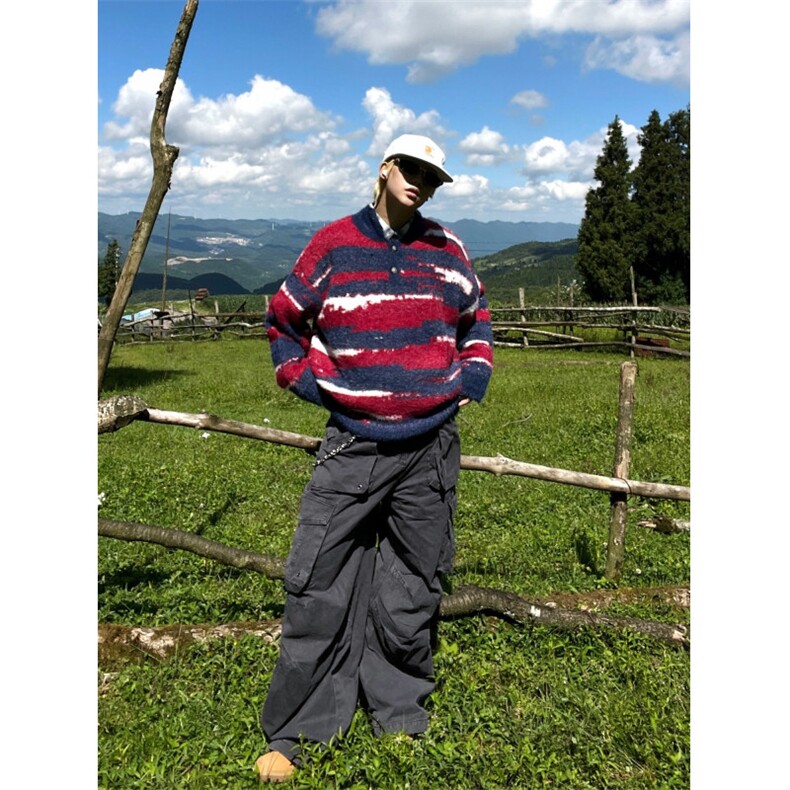 条纹仿貂毛polo领针织毛衣女秋冬美式设计感宽松慵懒上衣MYH457,男装针织衫/毛衣,星座516A