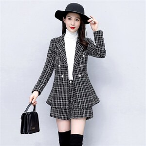 清仓春秋新款女装时髦格子毛呢小西装外套百搭短裤呢子图片
