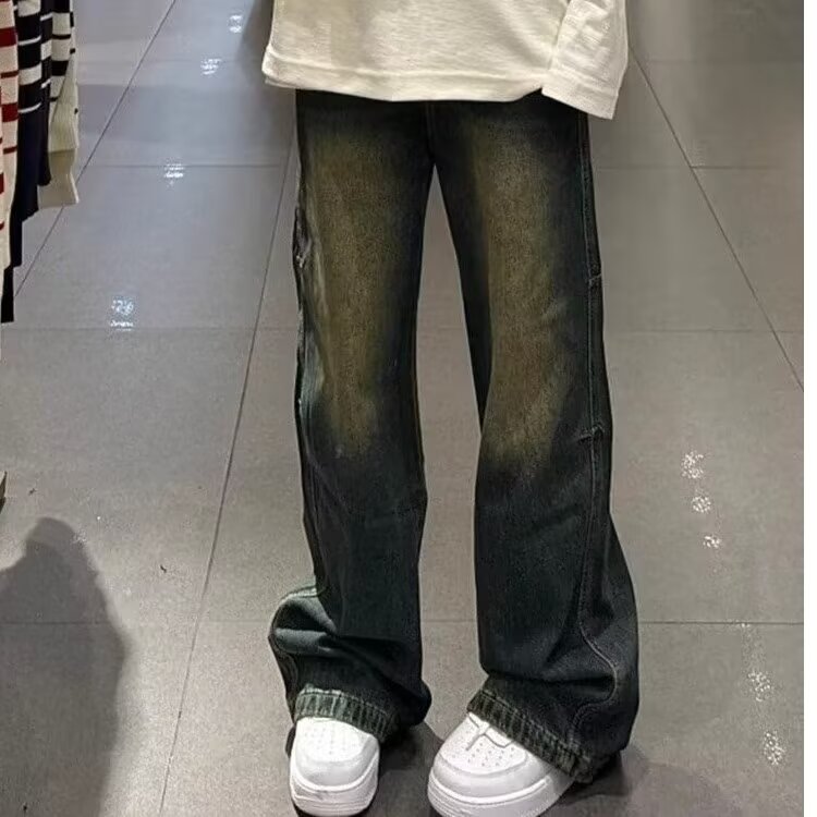 美式复古做旧牛仔裤男秋季潮牌拖地裤子宽松垂感阔腿裤NZ809,男装牛仔裤,星座208-5