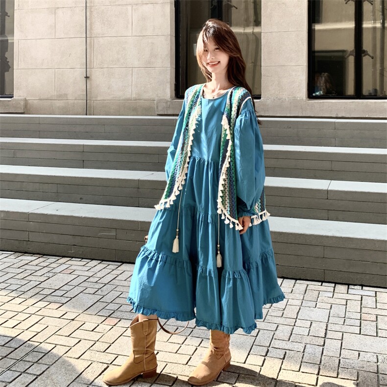 【新品】现货蓝色连衣裙+针织彩色马甲2C056-7053-P185控268,女装套装/套裙,2C056