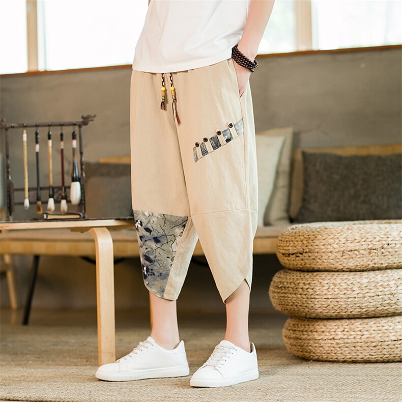 宽松七分裤夏季风抽绳拼接棉麻休闲裤男哈伦裤310B-1-K52-P25，男装牛仔裤，星座310B-2