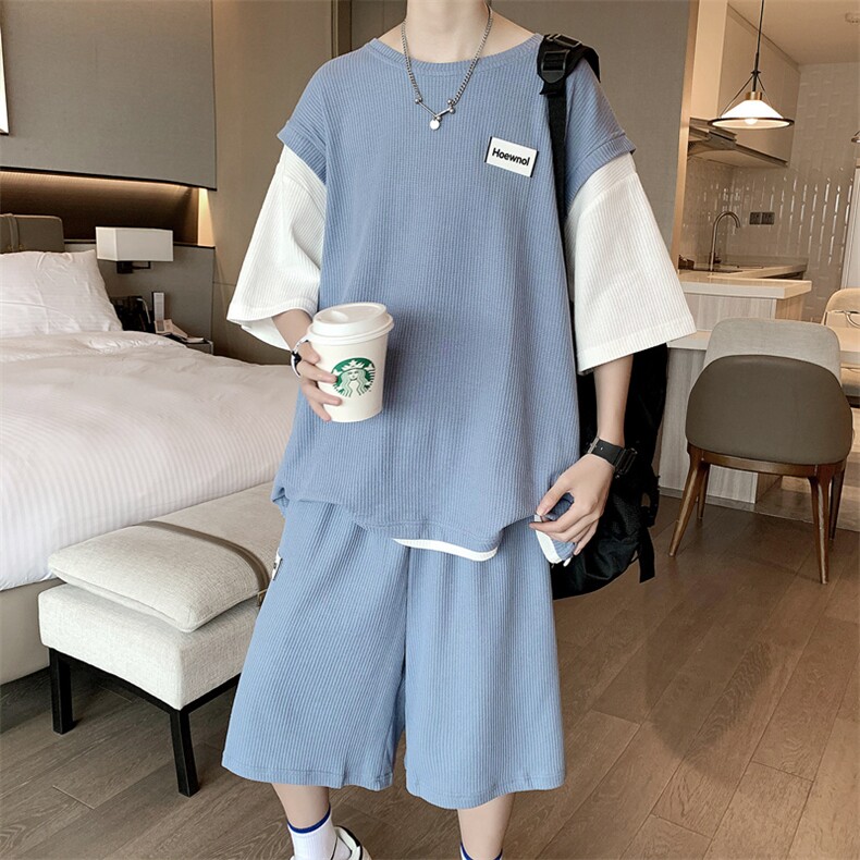 假两件短袖T恤套装男潮牌宽松港风夏纯棉华夫格短裤学生T651-P45,男装T恤,星座512-2