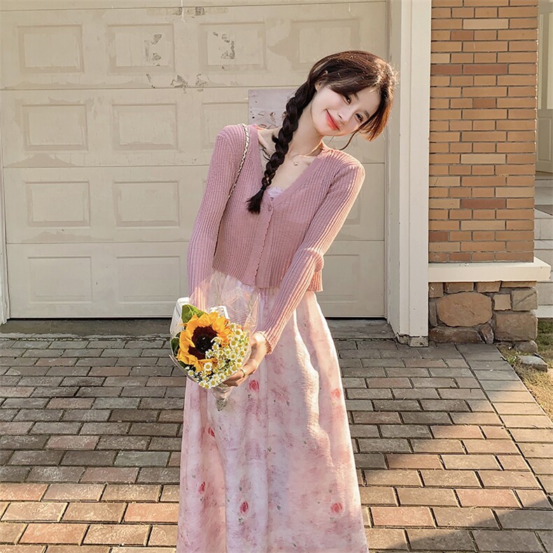 法式碎花吊带连衣裙两件套女2025年春季新款甜美风温柔披肩小个子图片