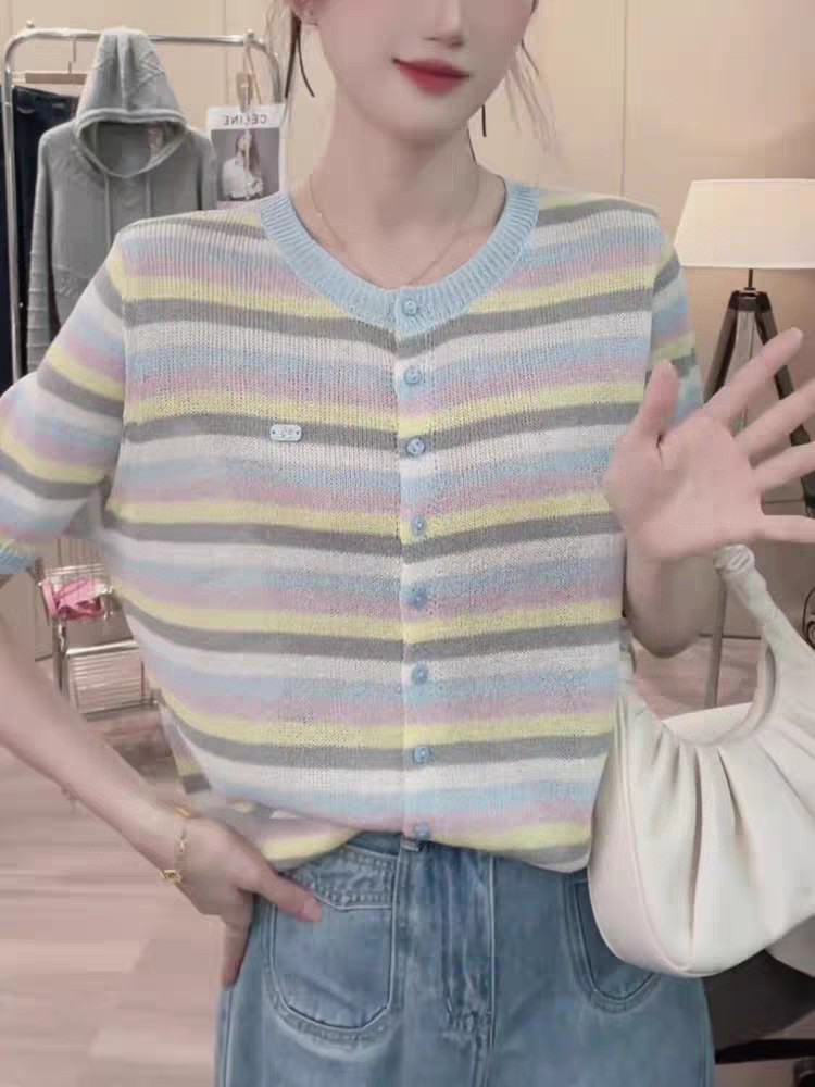 夏季圆领撞色条纹莱赛尔天丝短袖T恤女休闲套头针织薄款半袖上衣,女装T恤,唐诺