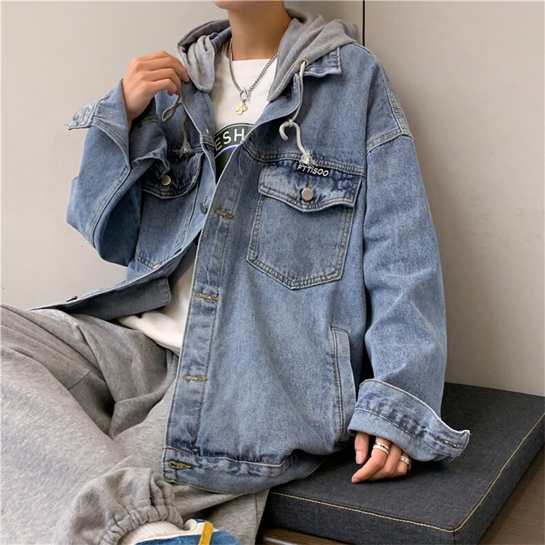 假两件连帽外套男春秋新款潮牌宽松牛仔衣服ins港风夹克JK8063-75图片