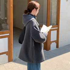 韩系格子拼接毛呢外套女2025冬季宽松显瘦中长款大衣，女装毛呢外套，纯色衣恋