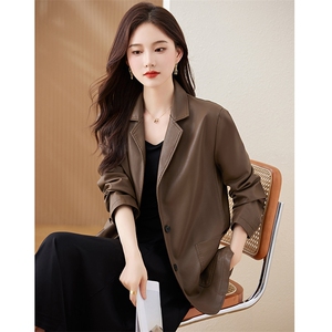 PU皮修身西服外套新款真皮皮衣女植鞣油蜡皮做旧复古皮夹克图片