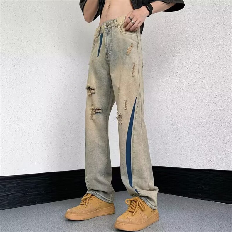 1506/Q51560/P44高街黄泥染设计感撞色水洗破洞直筒微喇阔腿裤，男装休闲裤，星座1506