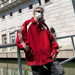 美式复古侧边条纹翻领夹克男女潮秋装街头棒球服外套 WK204图片