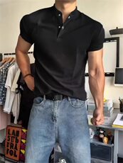 黑色亨利领健身短袖男夏季华夫格正肩t恤显肌肉美式polo衫训练服，男装T恤，星座809A(原222-1)