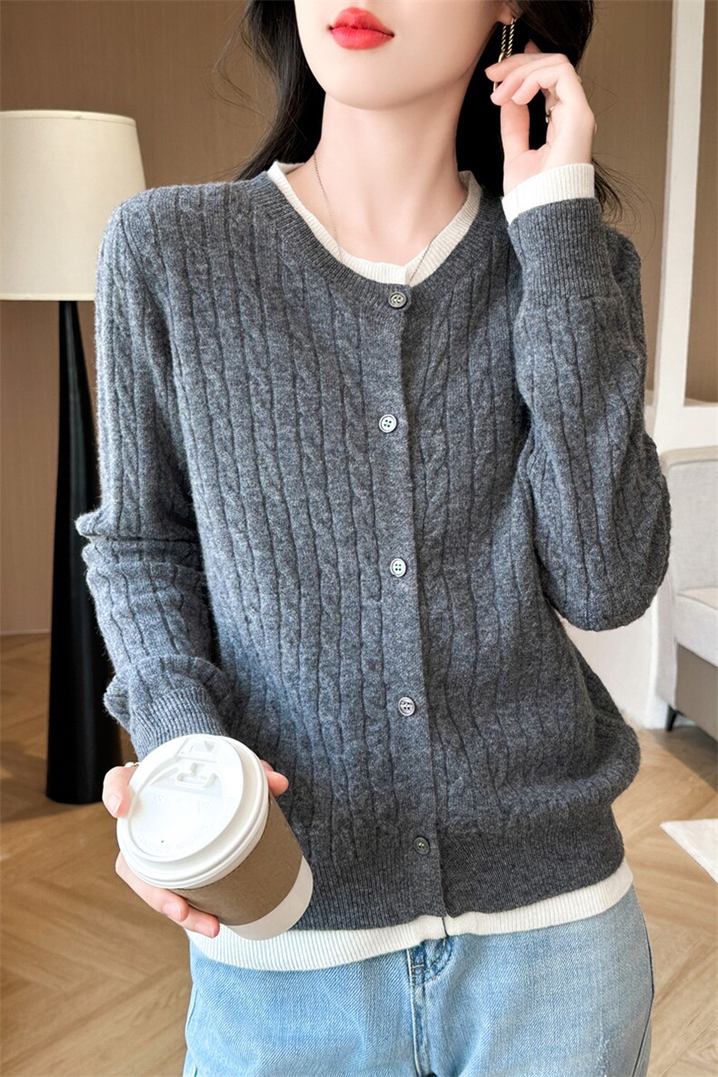 时尚百搭假两件扭花羊毛开衫显瘦修身女士针织衫,女装羊毛衫,端硕羊绒
