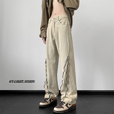 侧边拉链黄泥牛仔裤男宽松直筒hiphop裤子美式高街阔腿60466-p53，男装牛仔裤，星座1008-1