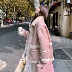 甜美粉色麂皮绒皮毛一体羊羔毛外套女秋冬2025新款时髦温柔风棉服，女装短外套，2B156