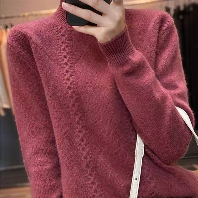 2025年秋季套头长袖时尚小扭花拼菱形半高，女装针织衫/毛衣，萱芳婷羊绒