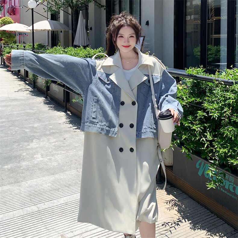 韩系工装牛仔拼接风衣外套女春秋2025新款超火好看中长款夹克大衣图片
