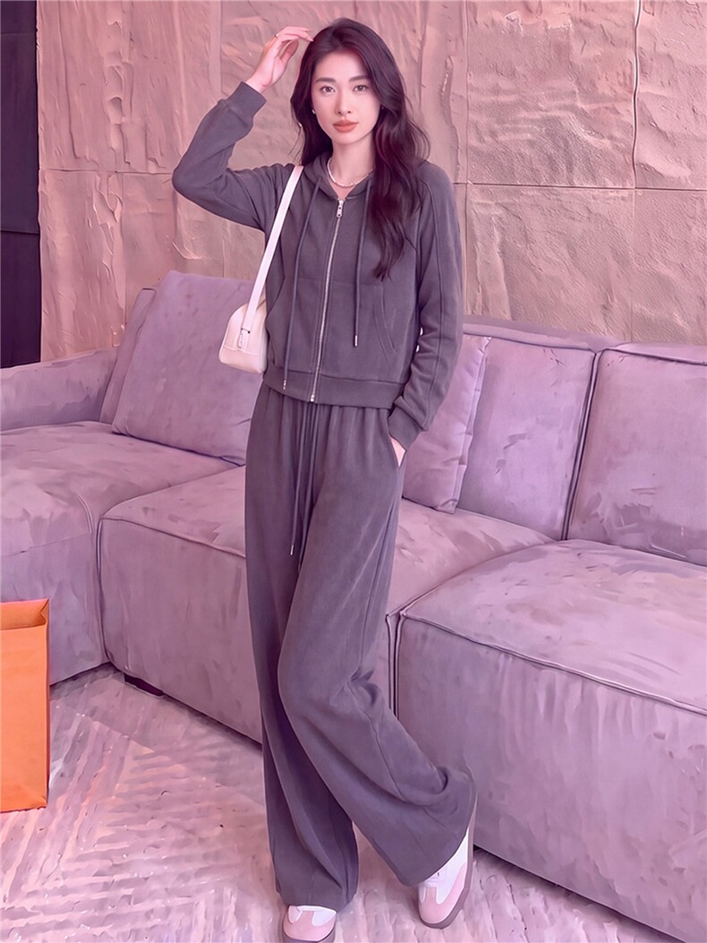 女春秋新款时尚慵懒风套装灰色拉链开衫连帽长袖外套阔腿裤两件套,女装套装/套裙,江南